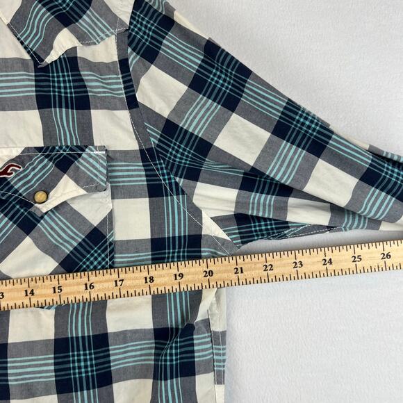 Hollister Western Shirt‎ Mens Medium Blue White Plaid Pearl Snap Cowboy Rodeo M - Picture 4 of 7